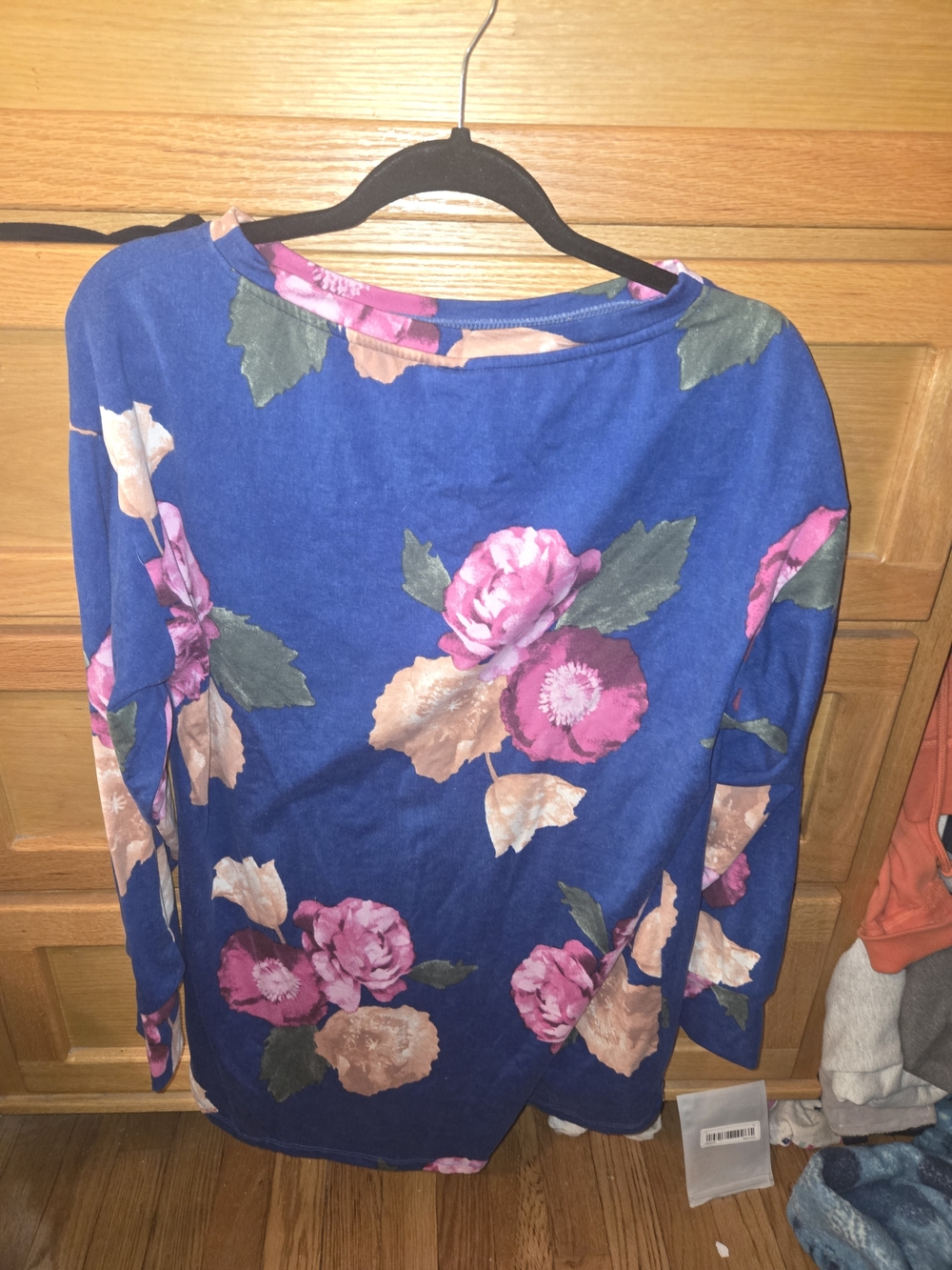 LuLaRoe Blue Floral Long Sleeve Tee with Pink and Peach Blooms. Nora Size Large